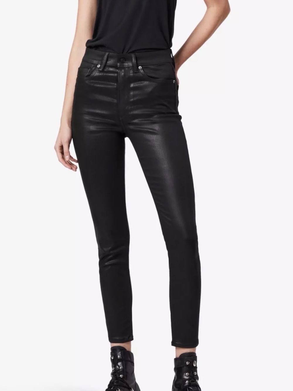 NEW AllSaints Dax Coated High Rise Skinny Jeans in black
